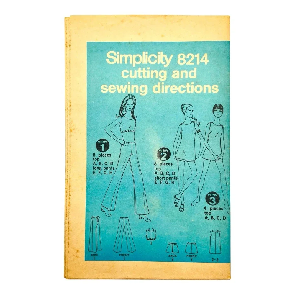 VTG 1969 Simplicity Sewing Pattern 2-Length Tops Hip Hugger Pants Sz 11JP #8214